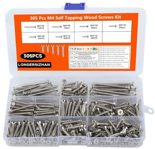 LONGERSIZHAN 305Pcs Tornillos M4 Autorroscantes, para Madera y Metal | Tornillos de cabeza cruzada avellanados. Ideales para madera, metal y aglomerado. Fáciles de instalar.