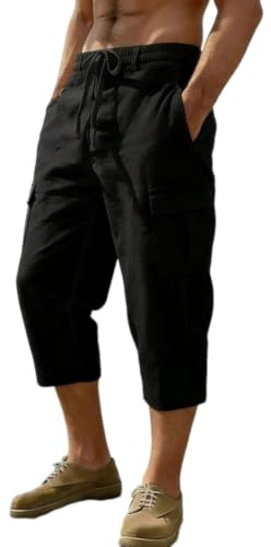 PADOLA Pantacourt Lin Homme été Léger Pantalon 3/4 Cargo Short avec Multi-Poches Taille Elastique Bermuda Baggy Short de Travail Décontracté Pantalon Court de Yoga Shorts Large de Plage (1 Noir, 3XL)