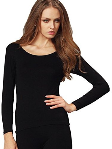 Liang Rou Canottiera Semplice Basica Girocollo Elastico Manica Lunga Intimo Sottile da Donna Nero M