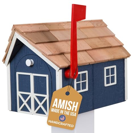 Peaceful Classics Amish Cedar Roof Wooden Mailbox with Window & Door Trim, Handcrafted Mailboxes for Outside, Post Mount Residential Mailboxes - (Navy with White Trim)