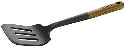 STAUB Silicone Spatula Turner, Perfectly Angled for Lifting Pancakes, Sandwiches and Picking up Veggies Durable BPA-Free Matte Black Silicone, Acacia Wood Handles, Safe for Nonstick Cooking Surfaces
