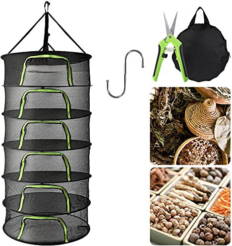 PEALOV Malla Secado Hierbas,Estante De Secado De Hierbas De 6 Capas para Colgar Red De Secado Plegable,con Cremallera En Forma De U, con Tijeras Y Gancho En S,para Colgar Hierbas, Flores,Pescado