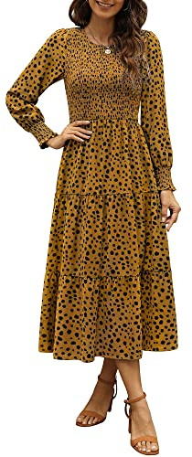 Zattcas Smocked Midi Dress for Women Long Sleeve Tiered Long Boho Floral Dress Yellowish Brown M