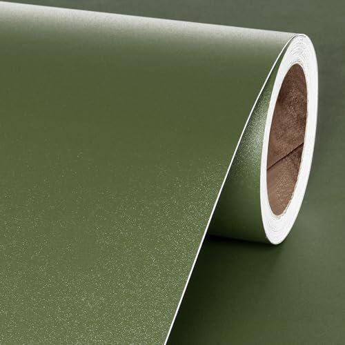 Livelynine Self Adhesive Wallpaper Green Waterproof Wall Paper Roll Living Room Bathroom Bedroom Olive Green Kitchen Vinyl Wrap for Furniture Cupboards Matte Green Sticky Back Plastic Roll 40CMx2M