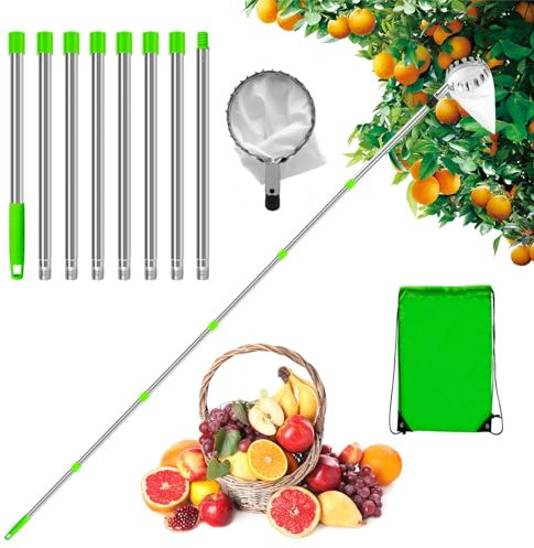 Obstpflücker Apfelpflücker mit Teleskopstiel, 3.2m Obstsammler mit Baumwollbeutel, Apfelsammler Pflaumenpflücker Kirschenpflücker Pflückhilfe für Apfel Kirschen Feigen Birnen