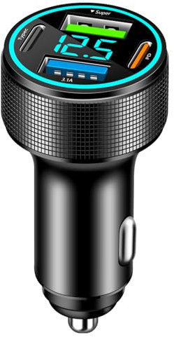 4 Porte Caricabatteria Auto USB C, 66W Caricatore Presa USB C Super Fast Charge, PD 30W Caricatore Rapido Accendisigari UAB C, con Voltmetro LED per iPhone, Android, Samsung, Tablet