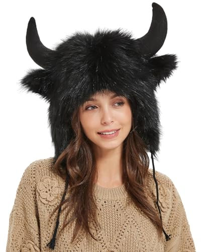 Bison Hut – flauschige Ohrenschützer, warme Plüsch-Winter-Ohrenschützer, Tiermütze, flauschig, Plüsch-Ohrenklappen-Hut mit Hörnern, Wintermütze, Ohr-Kopfbedeckung für Männer und Frauen, Festival,