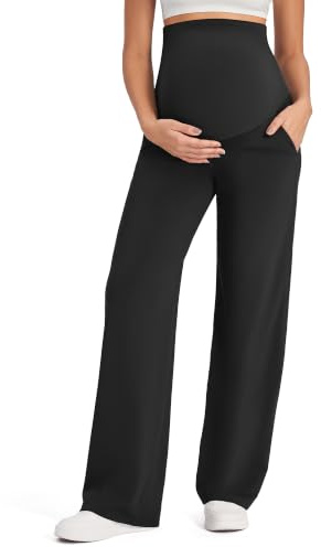 G4Free Maternity Trousers Over Bump Stretchy Pregnancy Yoga Pants Lounge Wide Leg Dress Work Trousers with Pockets Petite/Regular/Tall