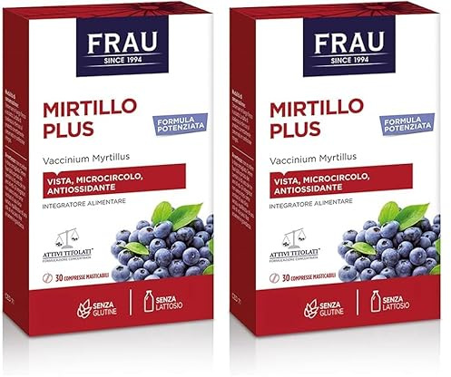 FRAU Mirtillo Plus, Integratore Microcircolo A Base Di Estratto Secco Di Mirtillo Nero, 30 Compresse Masticabili, Gambe Pesanti E Benessere Della Vista, Senza Glutine, color Bianco (Confezione da 2)