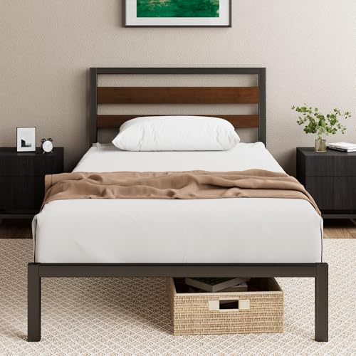 Zinus Kai Struttura Letto Singolo 80x190 cm con Testiera in Bambù - Rete Singola con Doghe in Metallo Incluse - Altezza 25.4 cm con Spazio Sottostante - Facile da Montare - Nero e Marrone