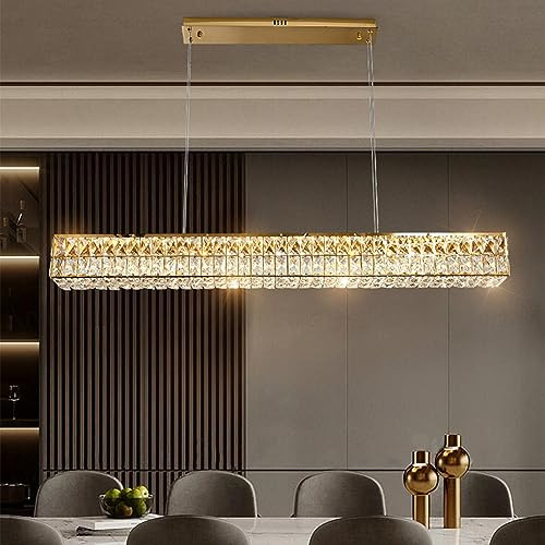 Kristallkrona, rektangulär kristallkrona, LED-ljuskälla, trefärgad LED-ljuskälla, kristall, taklampa för matsal, vardagsrum, bardisk, kök, sovrum, 120–100 cm (100 cm)