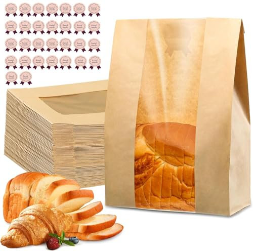 Bread Bags with Window, 30 Pack Sourdough Bread Bags for Homemade Bread Storage | Kraft Paper Bakery Bags for Cookies, Snacks & Gifts | Includes 30 Sealing Stickers (13.7x8.2x3.5 in)