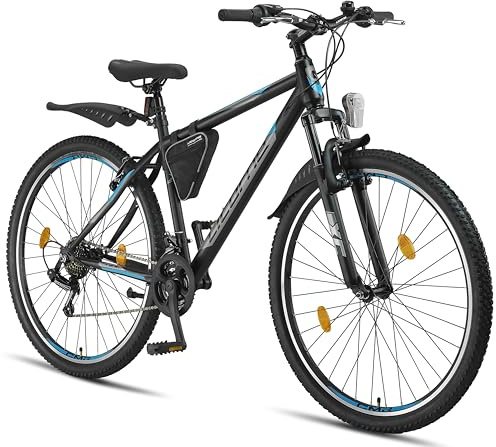 Licorne Bike Guide Premium Bicicleta de montaña de 29 pulgadas, horquilla de suspensión MTB con frenos de disco, calidad alemana, para jóvenes y adultos (negro/azul)