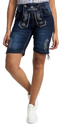 Bavarigo Jeans corti da donna in stile bavarese in pelle, pantaloni corti da donna, pantaloncini per Oktoberfest e altre festività, vestibilità comoda grazie all'inserto elasticizzato, Blu, S
