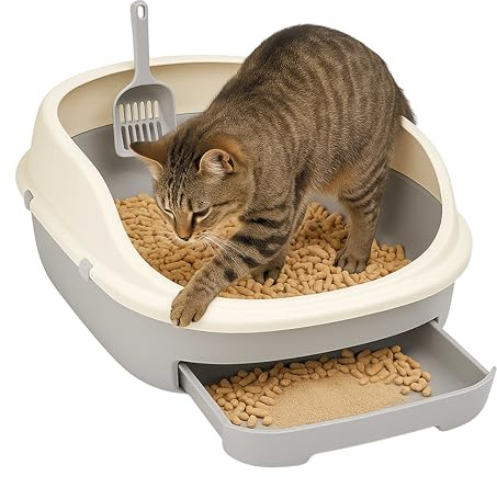 ADEPTNA Jumbo Cat Litter Tray Large Semi-Enclosed Double-Layer Box with Scoop Open Top Pellet Litter Tray for Pine Pellets Easy Clean Drawer Sifting System Raised Detachable Rim Anti-Spill Design