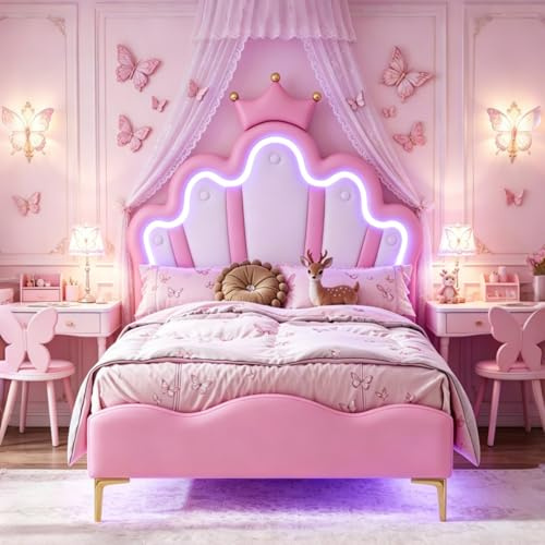 Vadderad barnsäng 90 x 200 cm, enkelsäng med LED-ram, barnsäng med ribbotten, ungdomssäng med höjdjusterbar LED-sänggavel och ribbotten, utan madrass (rosa, 90 x