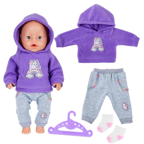 4 Pcs Baby Doll Clothes for 12-18 Inch Doll，Cartoon Purple Pony Baby Doll Accessories for 30-45cm Dolls with Green Hoodie Brown Trousers Socks Hanger Sweet Doll Clothes for Kids Birthday Gift