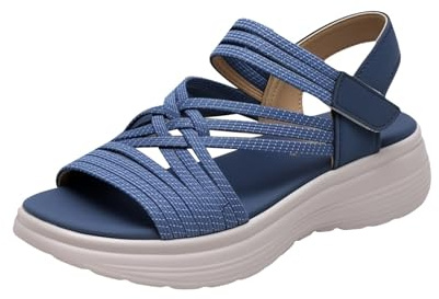 Scarpe da donna in tessuto elastico con zeppa, sandali multi cinturino Hook & Loop scarpe sportive con piattaforma per viaggi estivi passeggiate, Blu, 38 EU