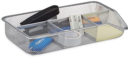 Relaxdays Schreibtischorganizer 4 Ablagen, kleiner Büroorganizer, Metallgeflecht, flacher Schubladenorganizer, silber