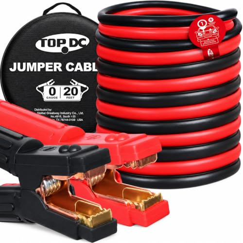 TOPDC Jumper Cables Heavy Duty 0 Gauge 20 Feet 1000Amp Booster Cables for Car Battery, Heavy Duty 2/0 Gauge Cables for Diesel Trucks, Protable Jumper Cables Kit with Case, Gloves