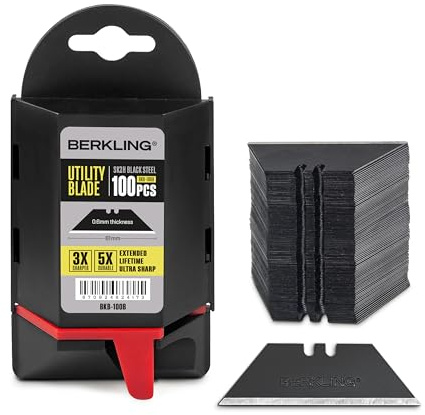 Berkling Utility Knife Blades 100 PCS With Dispenser, SK2H Laser Sharpened Hardened Black Carbon Steel, Ultra 3X Sharper, and 5X More Durable, Standard T-Shape Replacement Box Cutter Razor Blades
