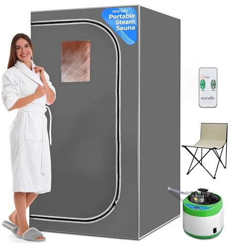 SereneLife Portable Steam Sauna, One Person Home Sauna Box with Free Heating Foot Pad and Portable Chair