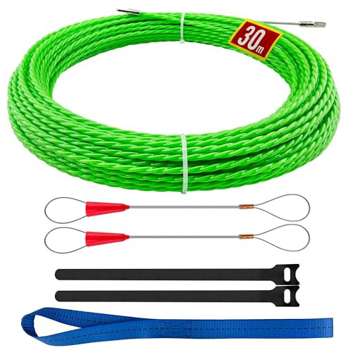 Guia Pasacables 30 m, 4,5 mm de diámetro, Guía Pasacables, Guia Pasacables Trenzada, con 2 muelles guía, muelle de tracción, ayuda para tirar cables