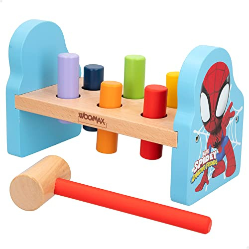 WOOMAX 48756 - Spidey y su superequipo, Juego martillo para bebés y niños de madera, Regalos para bebes, juguetes de madera, Mini martillo de madera, juego de topos , english