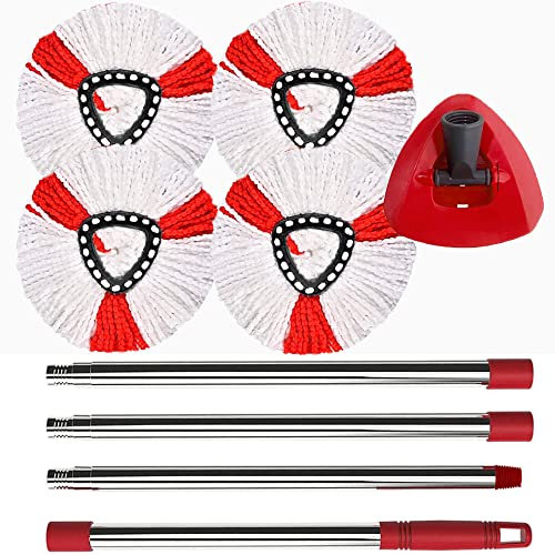 PIMEKOY Spin Mop Head Replacement, Base, Handle Compatible with Vileda Turbo Microfibre Mop, 4 Microfiber Heads, 1 Triangle Cover and 76-148cm Handle Combo Set