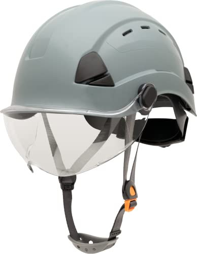 Honeywell FSH11009E Schutzhelm aus Fibermetall mit Visier, Schutzhelm für den BAU, belüfteter Kinnriemen mit 4-Punkt-Schnalle, 6-Punkt-Ratschenfederung, resistent gegen Extreme Temperaturen, Grau