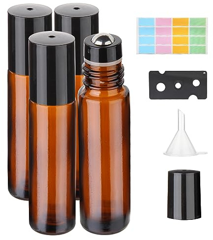 Hyber&Cara Flacon Roll On Vide en verre de 10ml, 4Pcs Flacon Roller d'huiles essentielles avec des billes en acier inoxydable, parfait pour les parfums, l'aromathérapie