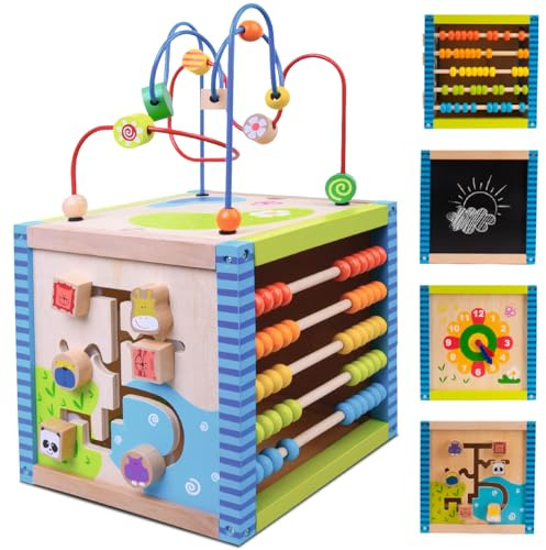 sun baby Cubo Labirinto di attività in Legno -5 attività, Roller Coaster, Zig Zag Montessori 1 Anno Regalo Pasqua Bimba 1 2 Anno Cubo Interattivo Gioco Educativi per Lo Sviluppo Cognitivo