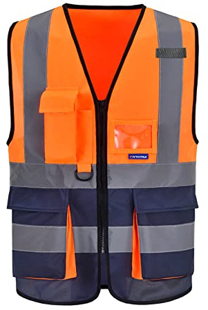 AYKRM 21 Couleurs 7 Poches de Classe 2 Gilet de sécurité Orange bleu Marin Haute visibilité Devant avec des Bandes réfléchissantes Unisexe