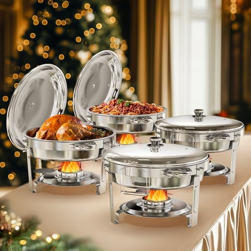 WARMOUNTS Chafing Dish Buffet Set 5L 4 Pack, Round Food Warmer for Catering Buffet with Lid Holder, Mirror-Polished Rolled-Rim Food-Grade Stainless Steel Chafer for Party, Wedding Event, Silver
