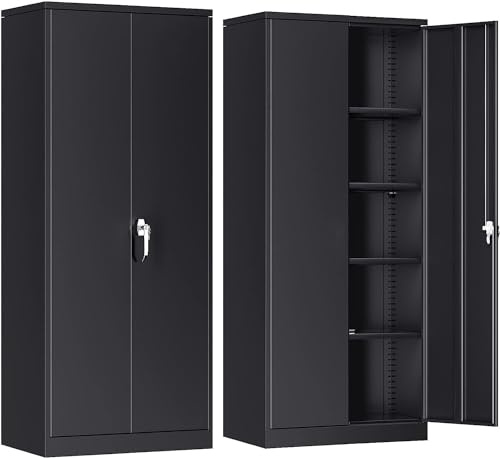 SUPEER Metal Storage Cabinet with 2 Door and 4 Adjustable Shelves,180CM Tall Steel Cabinet for Warehouse,Garage,Home,Office,Easy Assemble Required(Black)