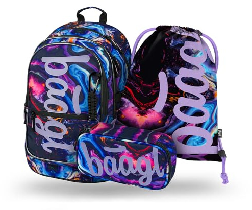 Baagl Schulrucksack Set Mädchen 3 Teilig, Schultasche für Grundschule Volksschule, Grundschule Ranzen mit Brustgurt, Ergonomischer Schulranzen (Marble)