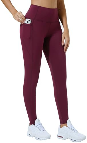 Enjoyoga Legging de sport pour femmes avec poche - Taille haute - Pantalon de sport push-up - Pantalon de course opaque - Leggings de sport longs pour le sport, la gym, le yoga, rouge bordeaux, XL