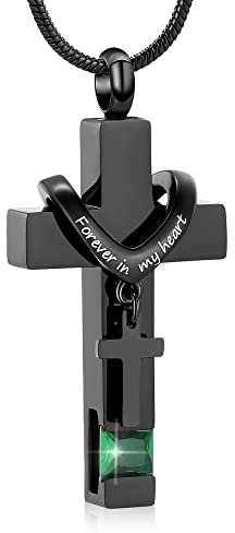 Minicremation Collier urne funéraire avec double croix noire pour cendres de vos proches avec pierre de naissance « Always in My Heart » - Bijou funéraire pour femme et homme, Acier inoxydable,