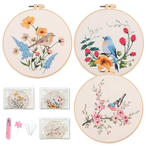 Myfelicity Embroidery Kit for Adults & Beginners - 3-Piece Beige Fabric with Pre-Printed Bird & Flower Patterns, Threads, Needles, 3 Hoops, Instructions - DIY Handicraft Gift Set
