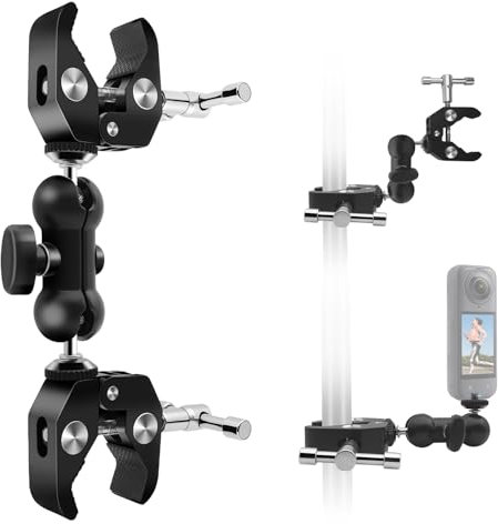 Doble Metal Abrazadera Montaje, 360 ° Brazo Mágico Cabezas Bola para Cámara, Soporte Luz, Monitor, Reflector, Se adapta 0.47” -2.17” Polos, Motocicleta, Escritorio, Trípode, Studio(Max Load 6.61LB)