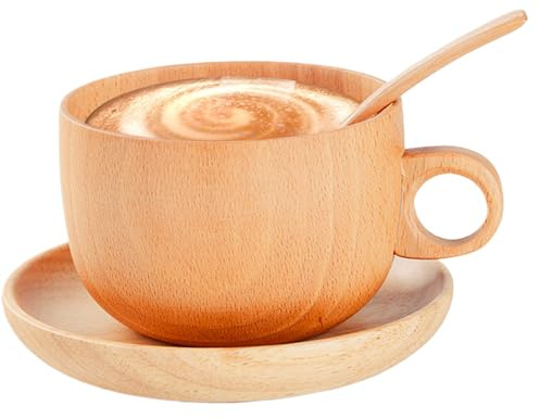 Taza de café de madera, 290 ml, vajilla para beber de madera natural con cuchara, juego de taza de café y subtazas, para golf, invierno, balcón, patio, jardín, exterior, casa, pícnic, camping, fiesta
