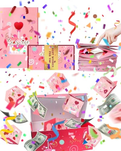 Fokroin Caja de Regalo Sorpresa, Rosa, Caja de Regalo de Explosión Emergente, para Cumpleaños, Aniversario, Navidad, Día Madre, para padres, amantes y amigos