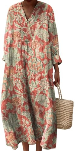 Plus Size Linen Floral Dress for Women UK Long Sleeve V Neck Casual Loose Fit Boho Maxi Dress with Pockets Vintage Printed Kaftan Beach Vacation Holiday Flowy Dresses for Spring & Summer (XXL,M)