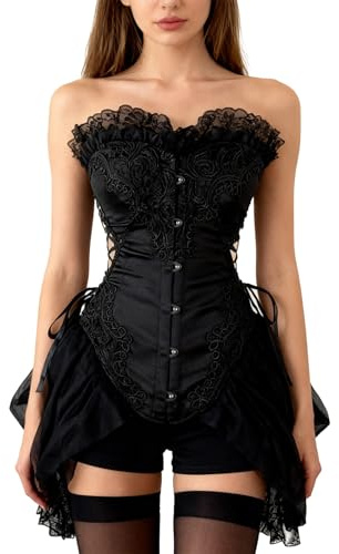 Charmian Women's Sexy Lace Corset Bustier with Skirt - Gothic Victorian Steampunk Cosplay Party Clubwear Costume Outfit Black XX-Large