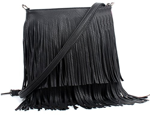 AOSSTA Sac à bandoulière pour femme - Sac à main décontracté à franges, Noir , Medium