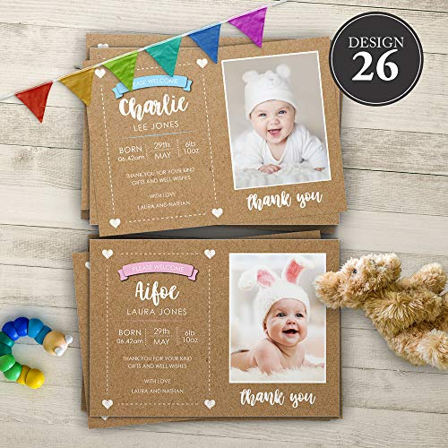 Baby Thank You Cards, Personalised, Birth Announcement, Girl or Boy Thank You Cards (Design 26)