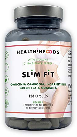 Healthinfoods | Slim Fit | Garcinia Cambogia, Lcarnitine, Té Verde Y Guaraná | Vitaminas C, B6 Y Pimienta Negra | Supresor Apetito | Quemagrasas Potente Y Natural Para Adelgazar | 128 Cápsulas, 90 g