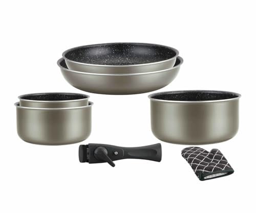 Herzberg - Batteria di Cucina - Set 3 Pentole Induzione e 2 Padelle Antiaderenti in Alluminio Forgiato - Manici Amovibili - Guanto da Cucina Incluso - Compatibile Tutti i Fuochi - Rame