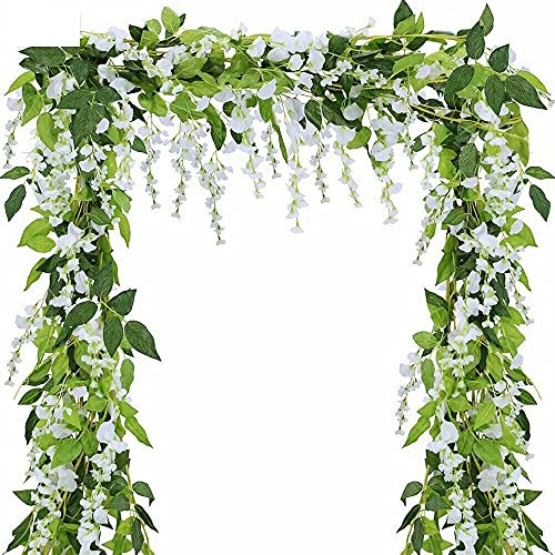 HAOSHICS Lot de 2 guirlandes de glycines artificielles en soie à suspendre au mur pour maison, jardin, extérieur, cérémonie, mariage, arche murale, décoration florale (blanc)