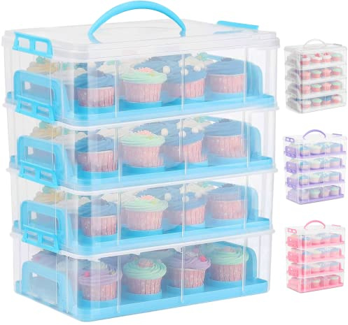 SG Traders Cupcake Carrier with Handle, 48 Stackable Cake Caddy, 4 Tier Bake Holder Snap & Stack Design, Plastic Carry Box for Baked Goods